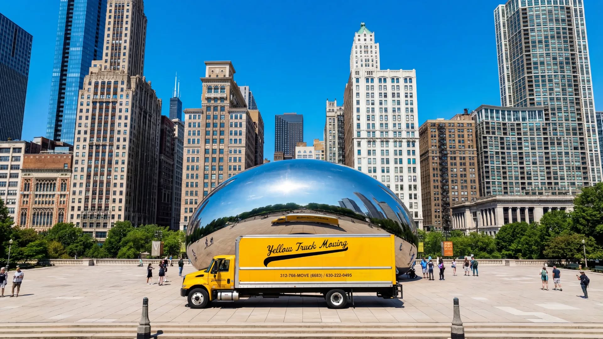 Yellow Truck Moving box truck parked in front of Chicago's Cloud Gate in Millennium Park