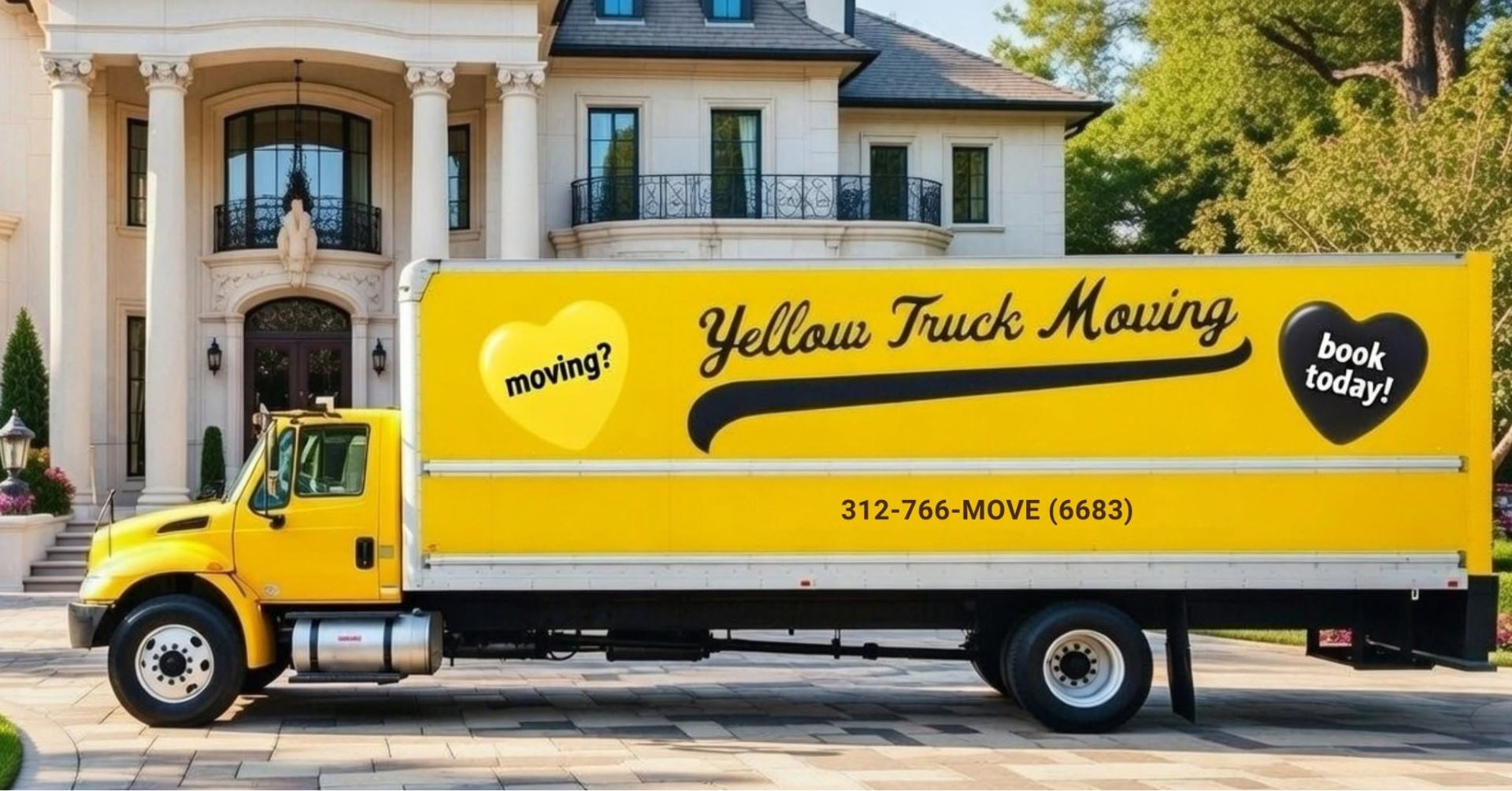 Yellow Truck Moving box truck parked in front of a large Chicagoland home